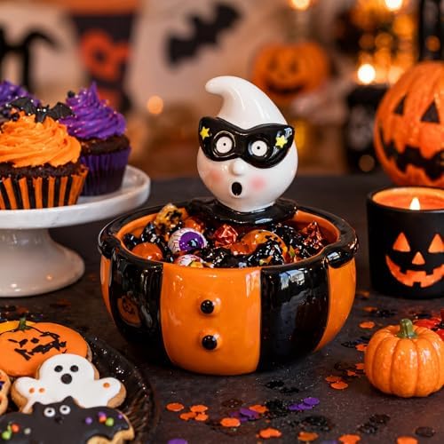 Reallnaive Halloween Candy Bowl Vintage Pumpkin Ghost Ceramic Candy Dish