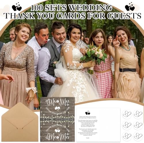 Spakon 100 Sets Wedding Thank You Cards with Envelopes and Stickers Wedding Themed Kraft Paper Thank You Card with Message Mr and Mrs Thank You Notes for Bridal Shower Anniversary Guests (Rustic)