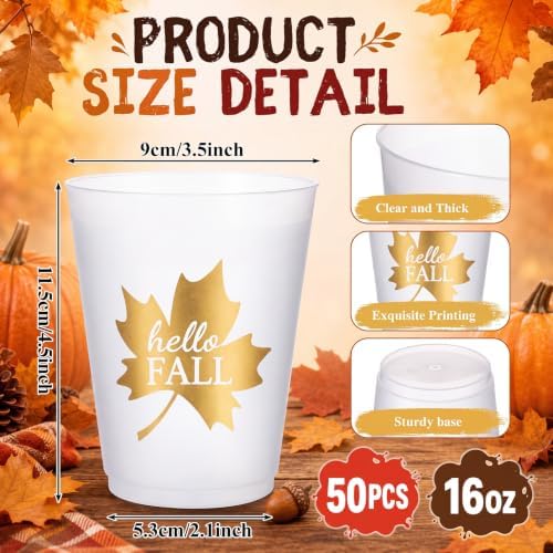 Tioncy 50 Pcs 16 oz Hello Fall Frosted Plastic Cups, Gold Autumn Plastic Cups, Fall Clear PP Frosted Reusable Cup Bulk for Autumn Party Decorations Hot Coffee Wine Cold Drinks Supplies