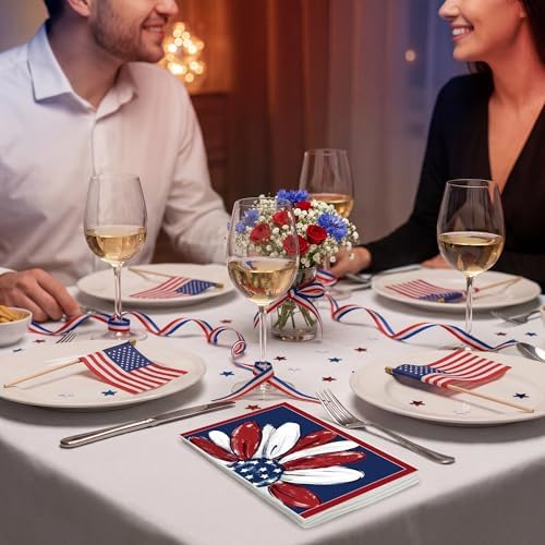 4th of July Disposable Paper Napkins, 100 Pcs Patriotic Flower Napkins for Bathroom Paper Towels for Guests, Red White Blue Napkins for Independence Day Memorial Day Patriotic Party Supplies