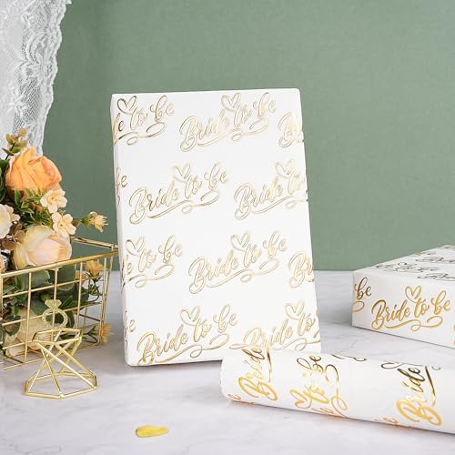RUSPEPA Wedding Wrapping Paper Roll, Mini Roll, Gold Foil Bride to Be Text and Heart Design, Elegant Gift Wrap Paper for Bridal Shower, Bachelorette Party, Wedding Gift, 17 Inches x 16.4 Feet