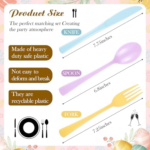 Minatee 180 Pcs Pastel Plastic Silverware Heavy Duty Cutlery Sets Disposable Utensils for Holiday Birthday Themed Party Supplies, 60 of Each Forks Knives Spoons(Macaron Color)