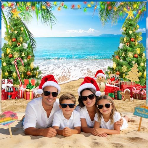 7x5ft July Christmas Backdrop Summer Beach Christmas Tree Photography Background Xmas Party Banner Tropical Hawaiian Holiday Decorations Supplies Photo Props