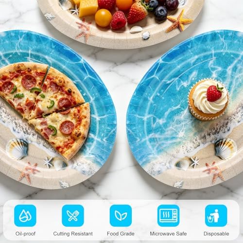 50 Pack Oversized Beach Party Oval Paper Plates – 12 Inch Disposable Paper Plates with Ocean Wave Sea Shell Starfish Design for Summer Beach Party, Luau, Pool Party, BBQ and Coastal Party Supplies