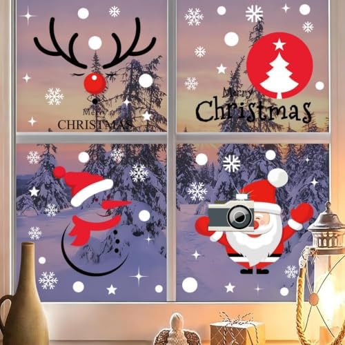 4 Sheets Merry Christmas Window Clings Cute Santa Claus Window Stickers Double Sided Snowflake Glass Decals Snowman Reindeer Window Decal for Home Classroom Nursery Party