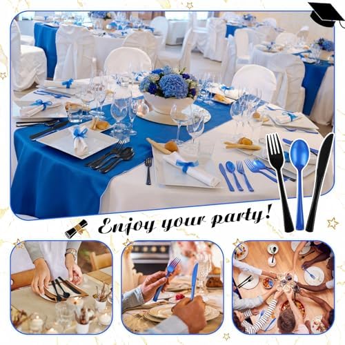Minatee 180 Pcs Black and Blue Graduation Plastic Silverware Heavy Duty Cutlery Sets Disposable Utensils for Holiday Birthday Themed Party Supplies, 60 of Each Forks Knives Spoons
