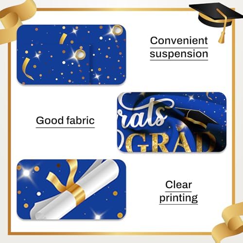 Class of 2026 Graduation Decorations, 3 Pcs Blue Gold Congrats Grad Banner and Backdrop Set with 1 Photo Backdrop and 2 Hanging Banners for Indoor Outdoor Party Decor