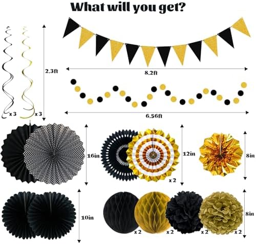 24 Pcs Black and Gold Party Decorations, Paper Fans Pom Poms Garland Decor