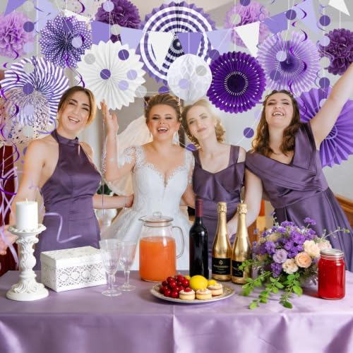 24 Pcs Purple Birthday Decorations Kit, Paper Fans Pom Poms Banner 8-16 in