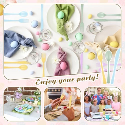 Minatee 180 Pcs Pastel Plastic Silverware Heavy Duty Cutlery Sets Disposable Utensils for Holiday Birthday Themed Party Supplies, 60 of Each Forks Knives Spoons(Macaron Color)