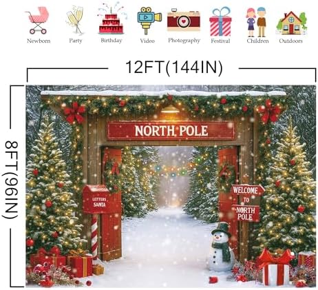 Christmas Photography Backdrop 12x8ft – Rustic Snowy Forest Barn Door with Xmas Tree, North Pole Winter Scene Fabric Photo Background for Family Party, Baby Holiday Photos