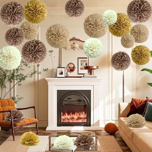 Recosis Tan Khaki Party Decorations, 18 Pcs Paper Pom Poms Decorations