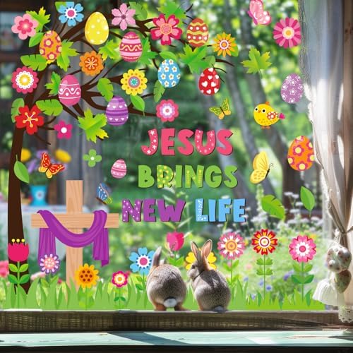 Whaline 6 Sheets Christian Easter Window Clings Window Decal Jesus Cross Floral Egg Tree Reusable Anti-Collision Windows Decor for Holiday Spring Party Supplies