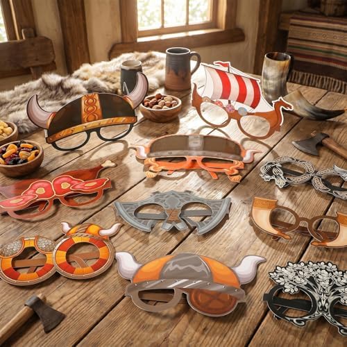 32 Pcs Viking Theme Party Favor Paper Glasses, 16 Unique Designs Nordic Mask Viking Ship Helmet Photo Booth Props for Halloween Birthday Party Classroom Rewards Goodie Bag Fillers