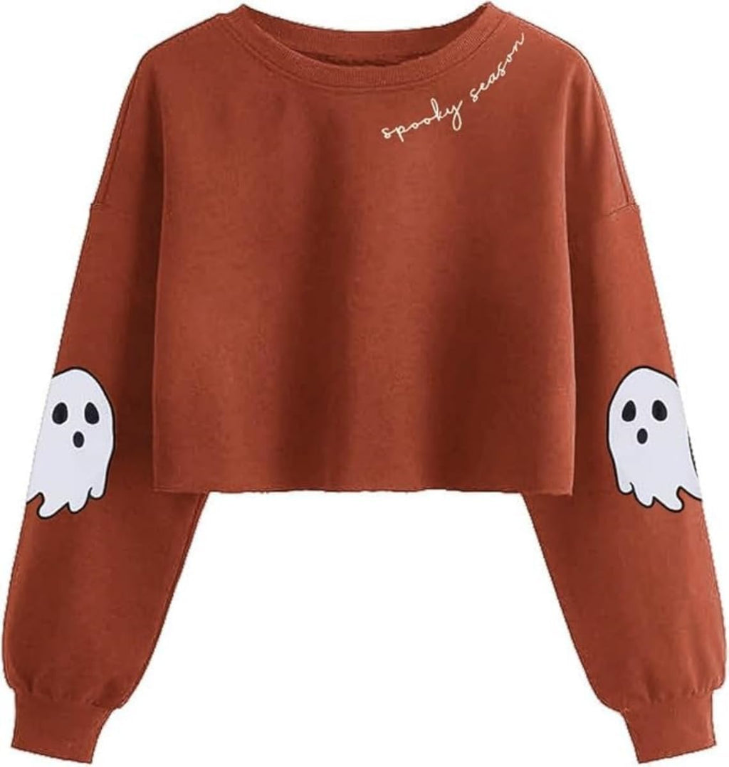 Women Fall Halloween Ghost Crop Sweatshirt Lantern Sleeve Pullover