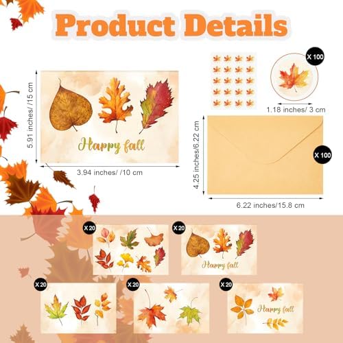 Motiskyy 100 Pcs Maple Leaf Greeting Cards with Envelopes for Thanksgiving