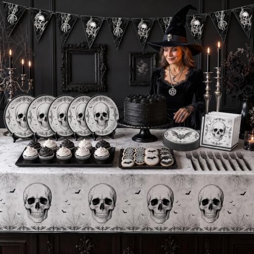 98Pcs Halloween Party Decorations-Black Skull Tableware Kit for 24