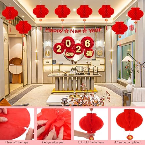 Chinese New Year Decorations 2026 Spring Festival Hanging Ornaments Paper Fans Red Lantern Happy New Year Banner Red Envelopes Chinese Fu Character Stickers for Lunar New Year Decorations