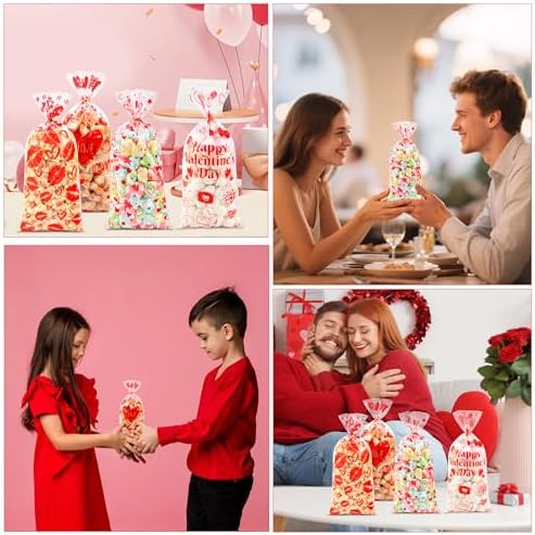 100PCS Valentines Goodie Bags - 5 x 11 Plastic Valentines Cellophane Treat Bags with Twist Ties, Red Heart & Love Design Valentine Candy Bags for Kids Classroom Exchange, Party Favors, Gifts, Cookies