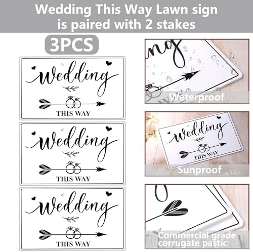 Lesnala 3 Pcs Double Sided Wedding This Way Sign with Stakes 14.2 x 8.5inch
