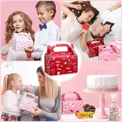 ReliThick 80 Pack Valentine‘s Day Treat Box with Cellophane Bags Heart Goodie Cookie Candy Boxes for Treats Valentine Gift Bag for Party(Stylish)