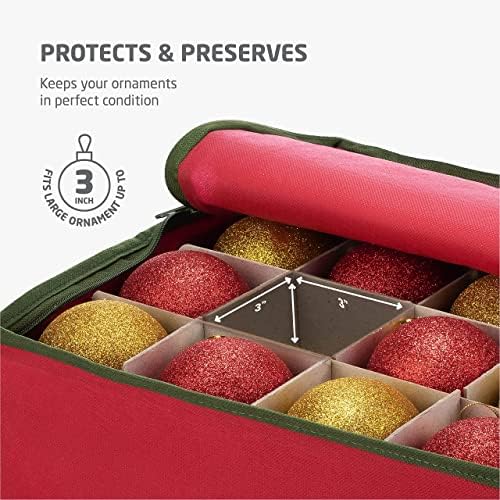 ZOBER Christmas Ornament Storage Box - Stores 64 3" Ornaments, With Dividers - Ornament Organizer Storage Box, Durable Christmas Containers Holder, Dual Zipper - Red