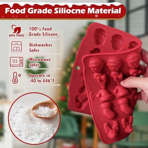 HKNMTT Christmas Silicone molds for Xmas Candy Chocolate Wax Decor, 60 Cavity 11 Shapes Gummy Mould, Including Tree Santa Cane Hat Socks Elk Gingerbread Man Bell Glove Snowman Food Grade DIY Set