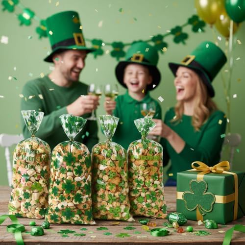 eowqeiur 100 PCS St Patricks Day Treat Bags(5x11 Inch) Green Shanrock Cellophane Bags for Cookie Candy Goodie Goody Snack Gifts Wrap Clover Spring Baggies Pouch St Patricks Party Favors Supplies