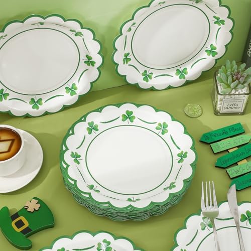 JarThenaAMCS 50 Pcs St. Patrick's Day Paper Plates Scalloped Disposable Plate Green Shamrock Clover Decorative Tableware for Irish Holiday Party Decor Supplies, 9 In