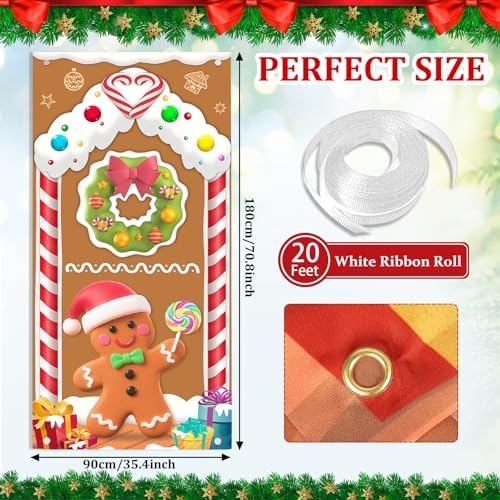 Christmas Door Cover Gingerbread Man Decoration Xmas Large Photography Background Banner Porch Sign for Winter Ginger Bread House Indoor Outside Front Door Banner Farmhouse Party Supplies 6 x 3 Feet
