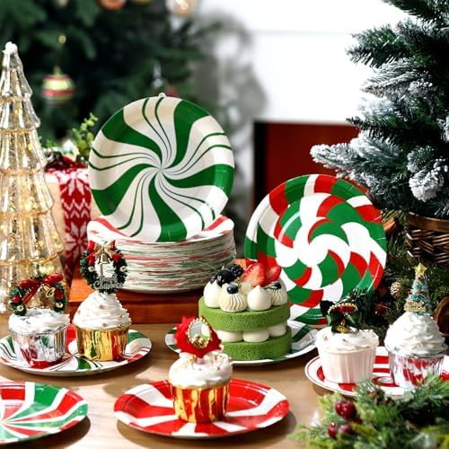 Fourluoo 96 Pcs Christmas Paper Plates Green and Red Candy Christmas Disposable Dinner Plates for Xmas Birthday Party Table Decor