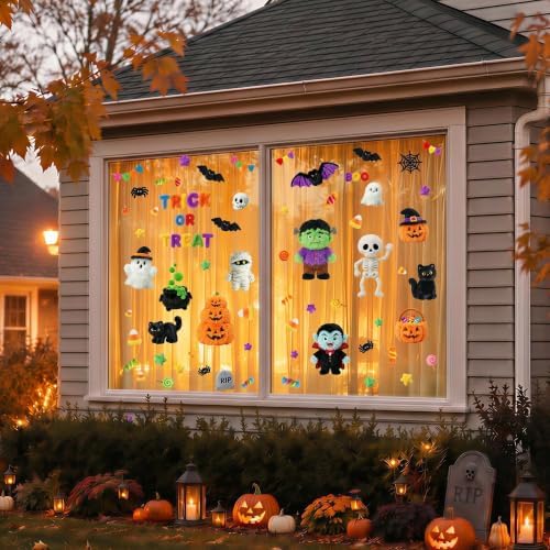 Halloween Decorations Window Clings, 8 Sheets Plush Style Zombie Skeleton Monster Vampire Pumpkin Halloween Decals, Cute Double Sided Printed Glass Door clings Decals for Home Office School Party