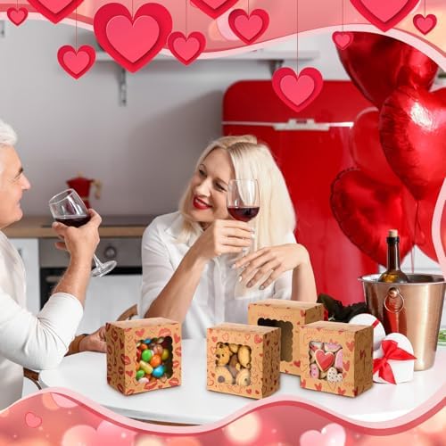 LemonRoad 48 Pcs Heart Kraft Cookie Boxes with Window 4x4x2.5 Inches Love Treat Boxes Containers for Trick or Treaters Candy Pastries Doughnut Brownies Truffles Gift Wrap Wedding Party Supplies