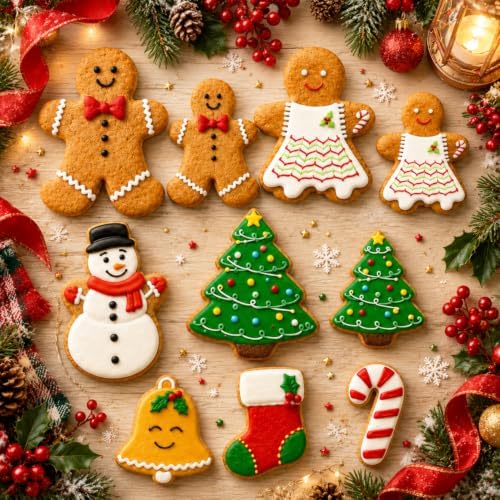 Christmas Cookie Cutter Set - 10 Piece Plastic Gingerbread Man*4, Christmas Tree*2, Beckoning Snowman*1, Bell*1, Christmas Stocking*1, Candy Cane*1, for Biscuit, Fondant