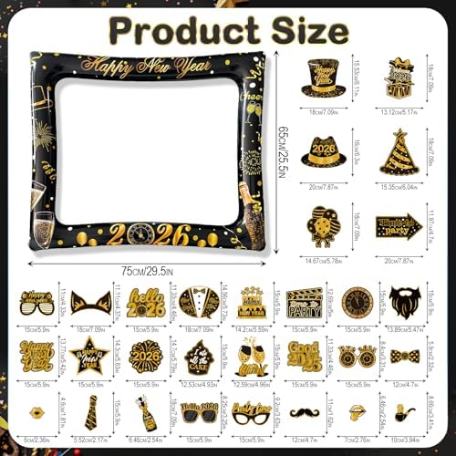 2026 New Year Photo Booth Inflatable Frame Kit, 30Pcs New Years Photo Booth Props with Inflatable Picture Frame Black Gold Decorations for New Year Eve Party Selfie Props Supplies