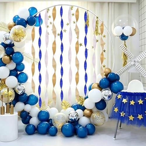 BEISHIDA 6 Rolls Blue Gold White Crepe Paper Streamers for Graduation Retirement Prom Anniversary Bridal Shower Men Birthday Celebration Party Decorations, piñatas DIY Craft Paper (492 Ft)