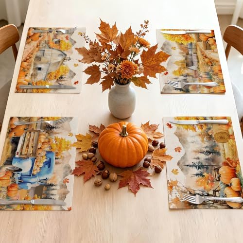 Fall Placemats Set of 4, 12x18 inch - Harvest Farm Thanksgiving Table Decor