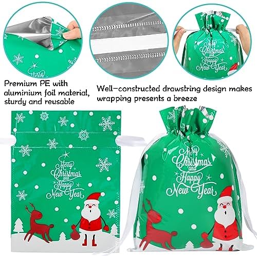 HRX Package 30pcs Foil Drawstring Christmas Gift Bags Assorted Sizes, Holiday Gift Wrapping Sacks Xmas Pouches for Presents