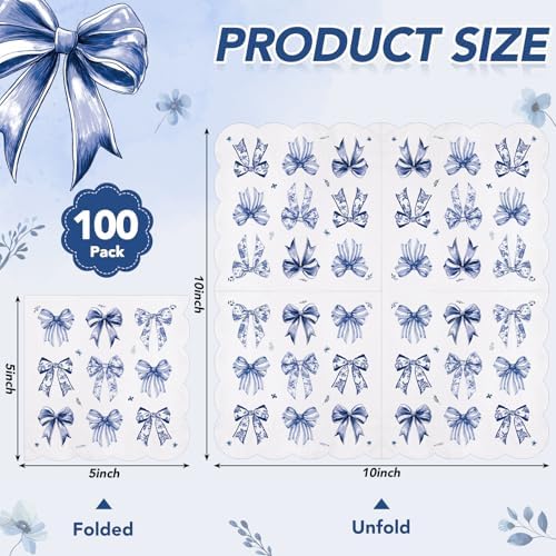 NatNarr 100 Pk Blue Bow Cocktail Napkins, 5" Scalloped Decoupage Napkins