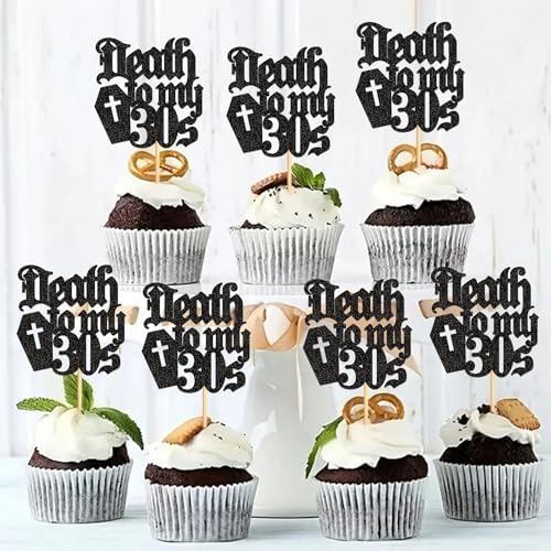 24Pcs Black Death to My 30s Cupcake Toppers Death to My Thirties Cupcake Picks for Gothic 40th Birthday Funeral 40th Birthday Anniversary Cupcake Decorations Rip to My Youth Emo Party Decorations