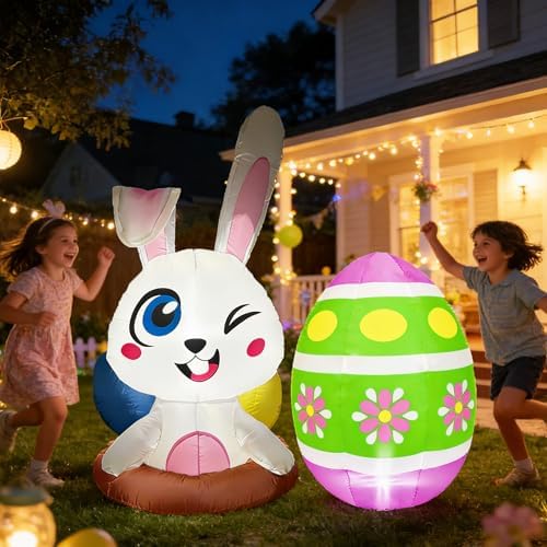 Set of 2PCS, 4FT H Spring Inflatable Bunny and Egg, Outdoor Easter Egg Hunting Sign Decorations, Cute Easter Blow up Winking Bunny & Giant Egg, Yard Decoration with LED Lights for Party Decor