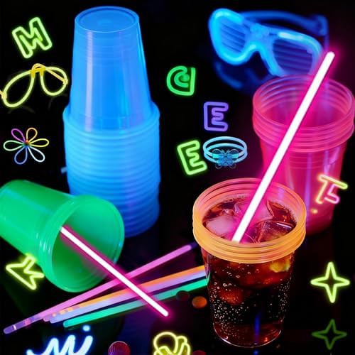 50 PCS 12oz Plastic Cups Neon Glowing Party Decorations Disposable Drinking Cups for Birthday Carnivals Glow Themed Party Supplies(Neon)