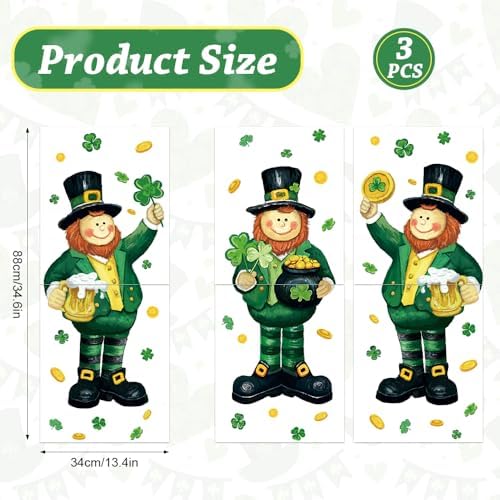 3 Sheets Extra Large St Patrick's Day Leprechaun Window Cling Stickers 13.4X34.6 inch, Green Shamrock Irish Style Window Decals Double Sided for Home Office Spring Party Decoration