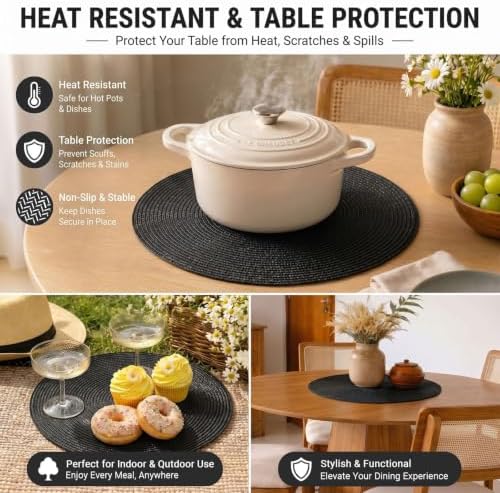 FunWheat Round Braided Placemats Set of 12 Place Mats for Dining Table Woven Washable Non-Slip Table Mats 15 Inch(Black,12pcs)