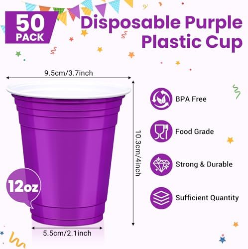 50 Pcs Purple Plastic Cups, 12 oz Disposable Cups for Party