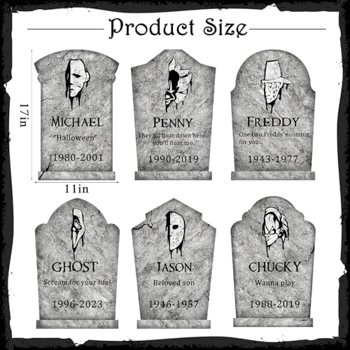 Halloween Decorations Outdoor Graveyard Tombstones: 6ct Large Tombstone Halloween Decor Yard Signs with Stake, 17" Tall Scary Gravestones with Half Killer Face, Waterproof Lawn Decor Outside, Not Foam