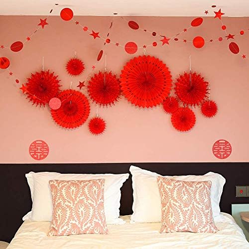 Decor365 Red Party Decorations Chinese New Year Tissue Pompom Paper Fan Hanging Decor Birthday Party Garland Glitter Circle Dots Garland Steamer Banner Backdrop for Girls Wedding Valentines Day