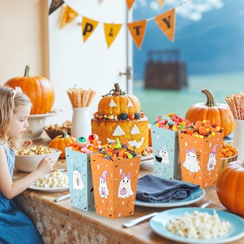 K KUMEED 24 PCS Halloween Popcorn Favor Boxes,Cute Ghost Popcorn Bowls Popcorn Buckets Candy Bags Boo Theme Cookie Container for Kids Halloween Party Supplies (Blue&Orange)