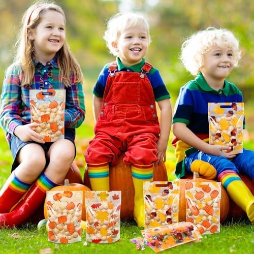Hallswl 60pcs Fall Thanksgiving Pumpkin Treat Bags with Handle 9X6inch