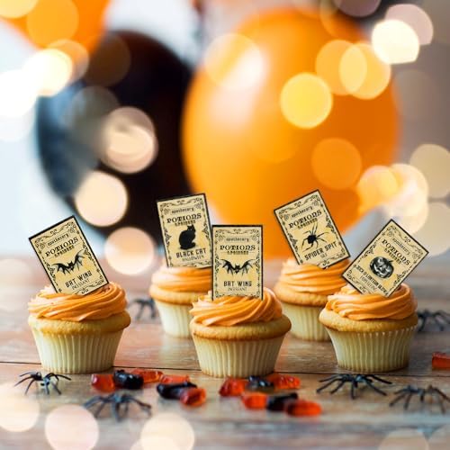 Ercadio 50Pcs Edible Halloween Cupcake Toppers Edible Happy Halloween Cake Picks Retro Horror Spider Bat Black Cat Cupcake Decors for Baby Shower Party Cake Decor